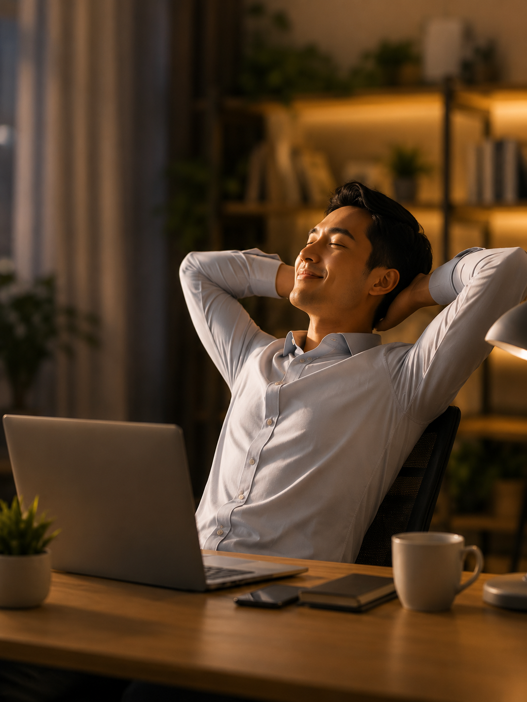 Man relaxing at his desk in a warm evening study