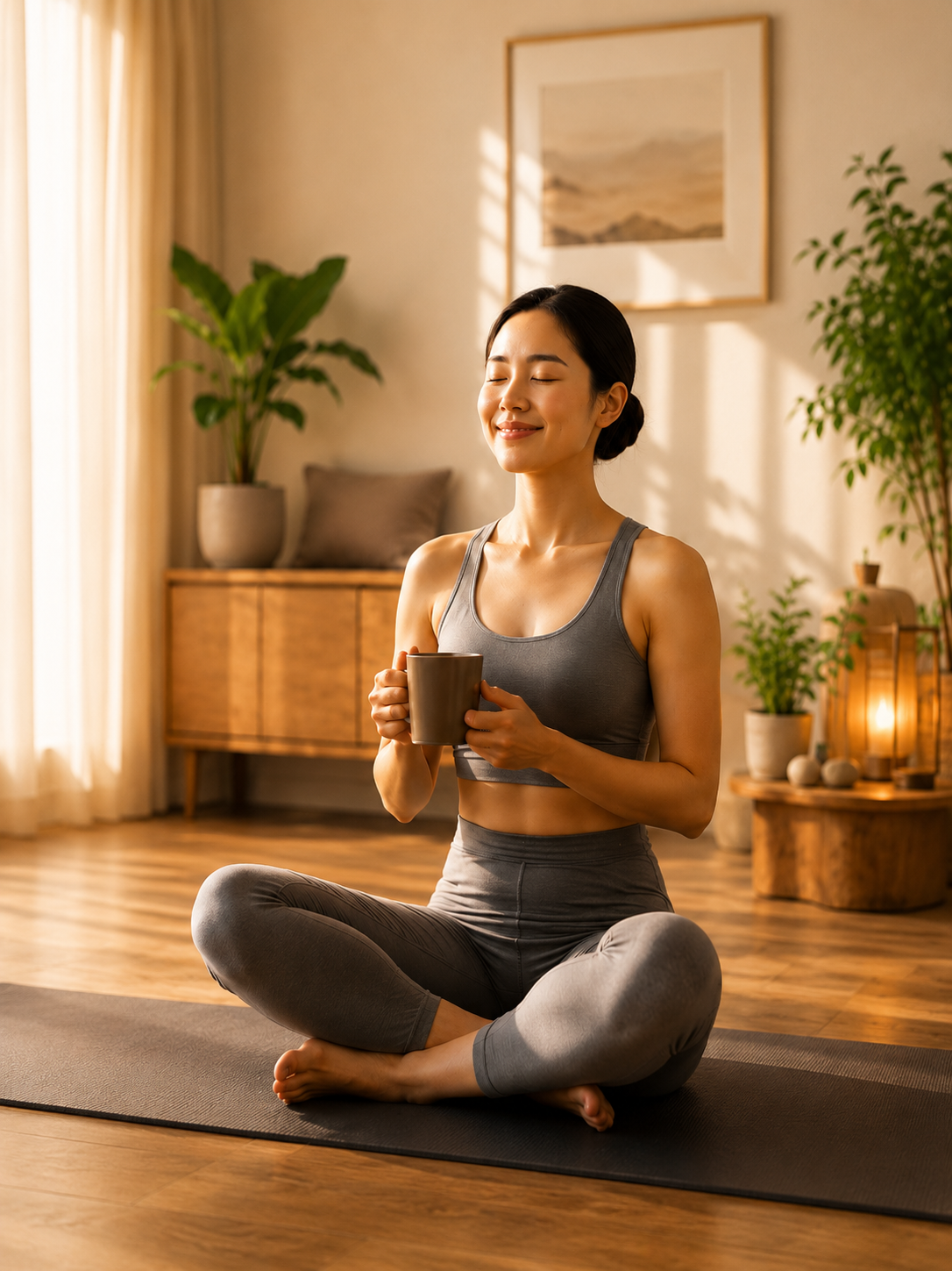 Woman in meditation with warm tea after a stretch session